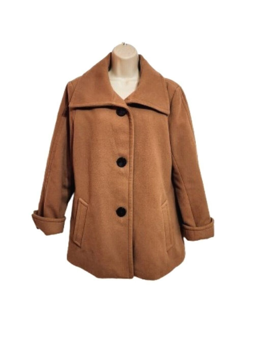 JM Collection Tan Collared Button Front Swing Coat Large